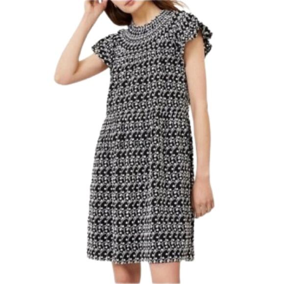 Loft Dress Black White Eyelet Embroidered Smocked Yoke Ruffle Sleeve Size LP NEW - Picture 3 of 14